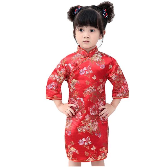 Hooyi Girl's Chinese Peony Rose Qipao Half Sleeve Cheongsam Wedding Princess Birthday Party Costume Dress, Red, XX-Large
