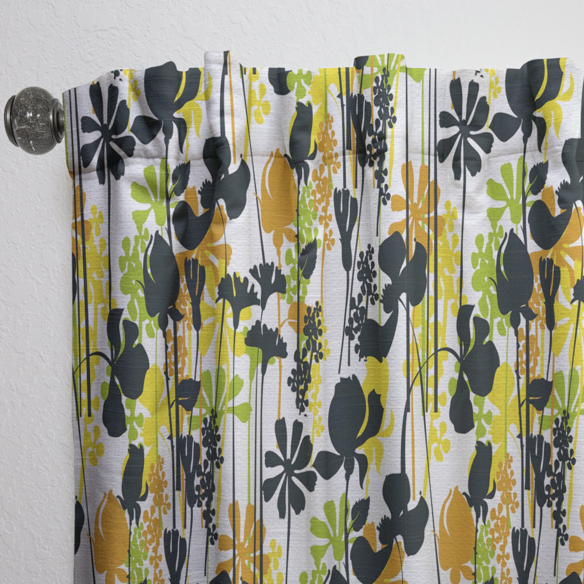 Designart 'Summer Meadow Pattern, Black silhouettes On White' Mid-Century Modern Curtain Panel