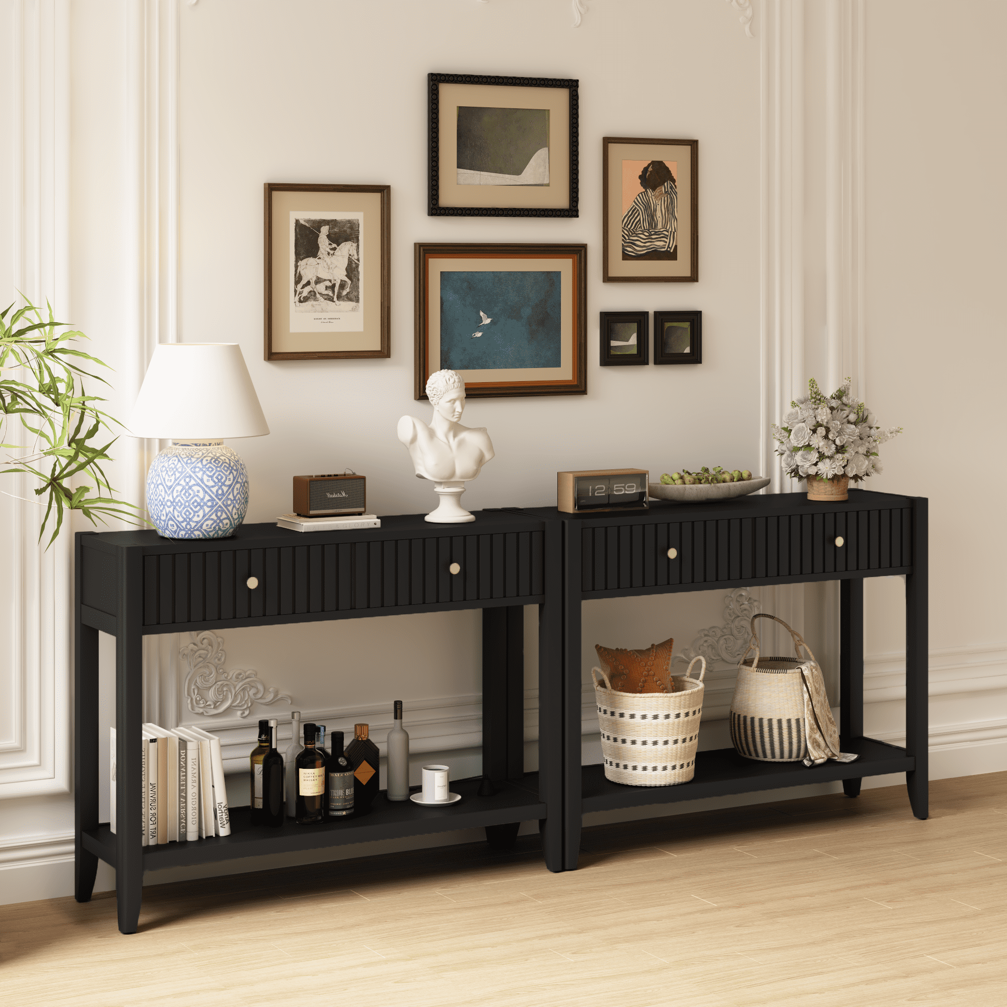 Leumius Console Table with Drawers, Narrow Wood Accent Sofa Table Entryway Table with Storage Shelf for Entryway Front Hall Hallway Living Room Black