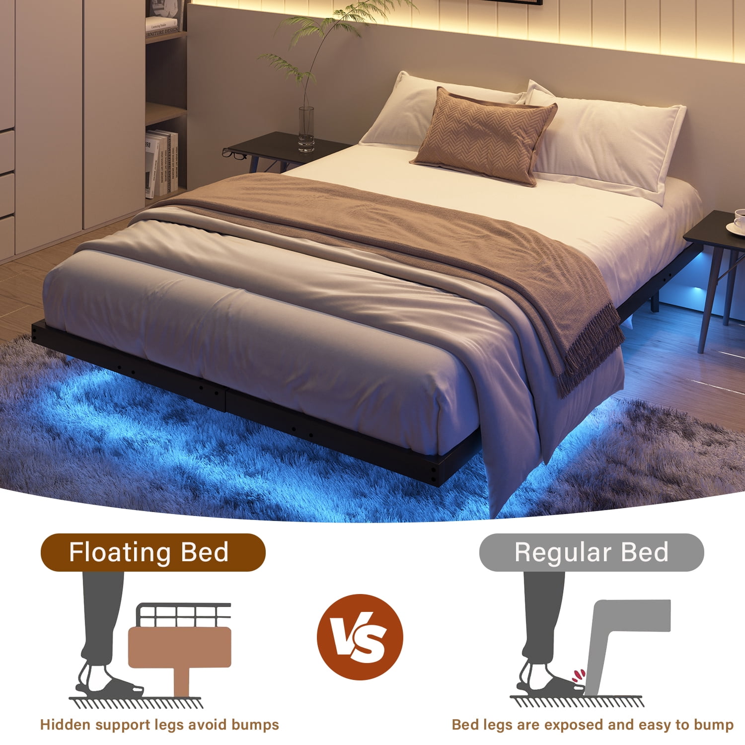 4 EVER WINNER Floating Bed Frame, King Size Metal Platform Bed with LED Lights, No Box Spring Needed, Black