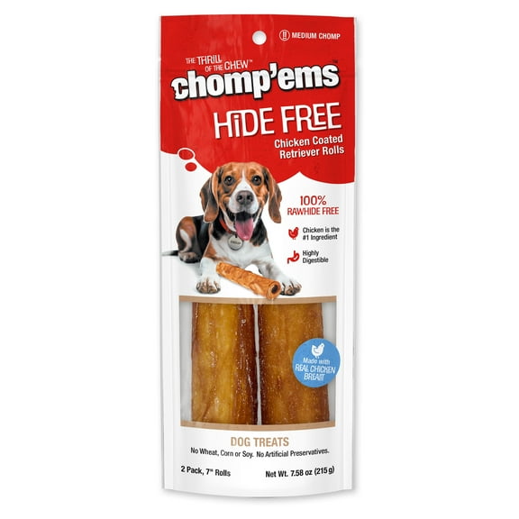 Chomp 'ems Chicken Hide Free Dog Chews - Rawhide Free Dog Treats - No Hide Alternative Chew Treat for All Life Stages, Roll, 7", 2 Count