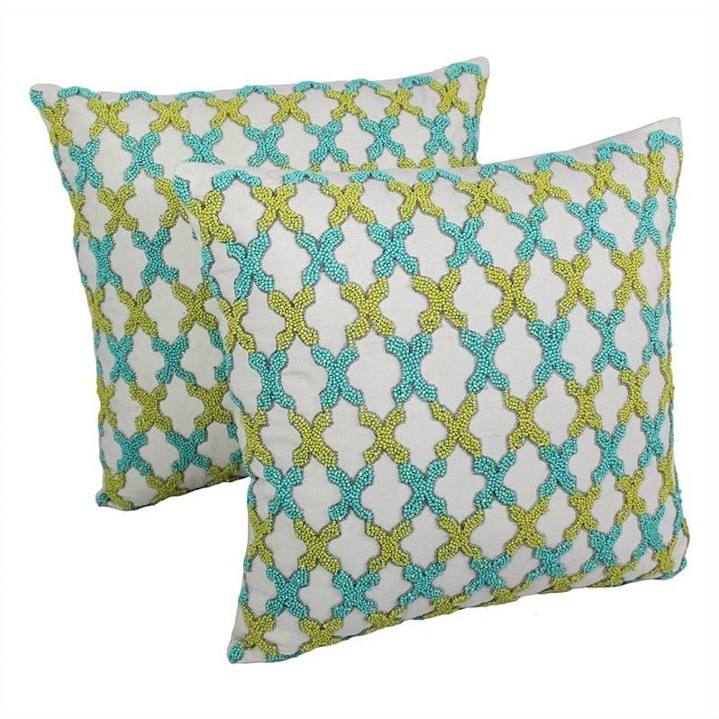 Blazing Needles 20 Inch Throw Pillows In Ivory With Sea Green And Blazing Needles 20 Inch Throw Pillows In Ivory With Sea Green And Teal Beads