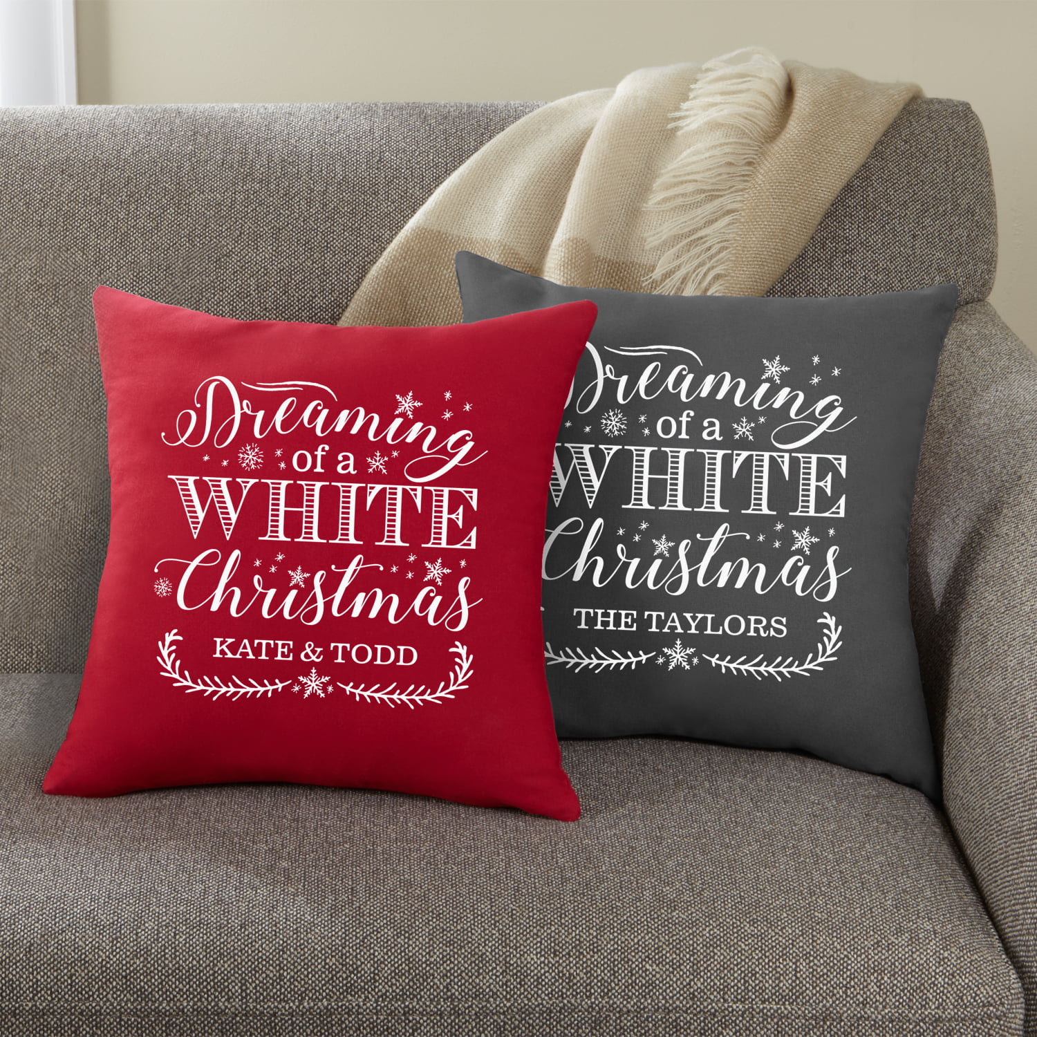 Personalized Dreaming of a White Christmas Throw Pillow Gray