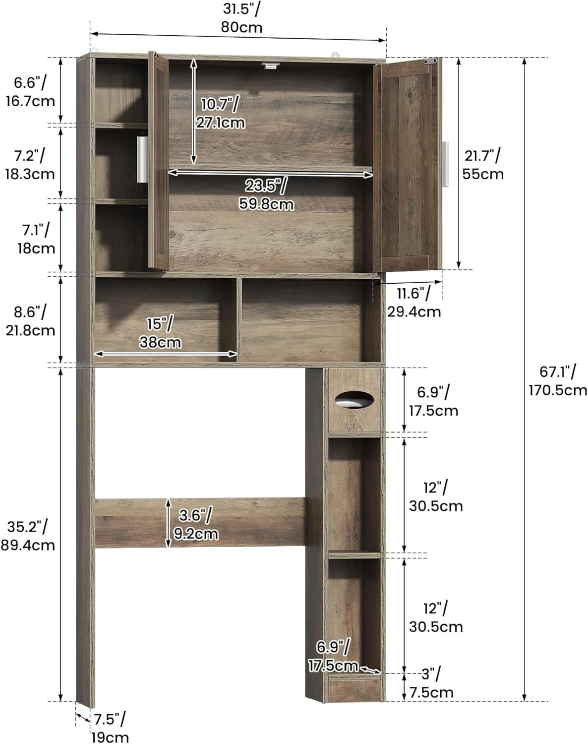 Timagebreze Farmhouse Over-Toilet Cabinet with 2 Barn Doors, 10 Adjustable Shelves & Tissue Holder,Bathroom Storage,Grey