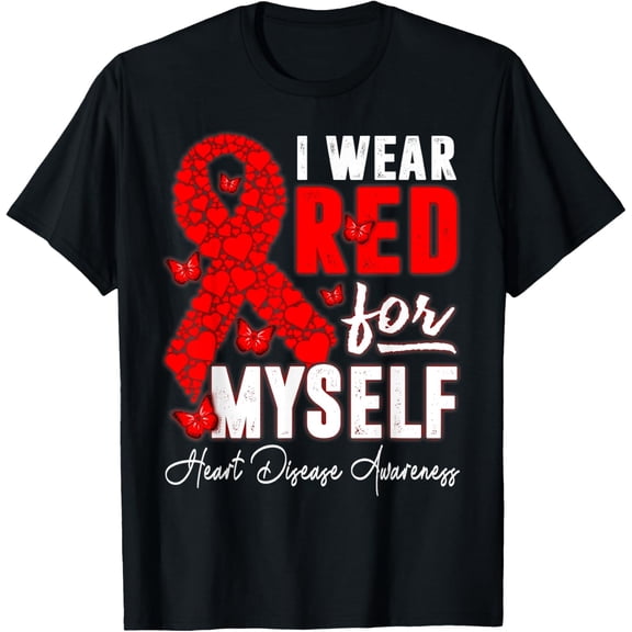 I Wear Red For Myself Heart Disease Awareness Butterflies T-ShirtMen and women, Black T-shirt, size: Extra large