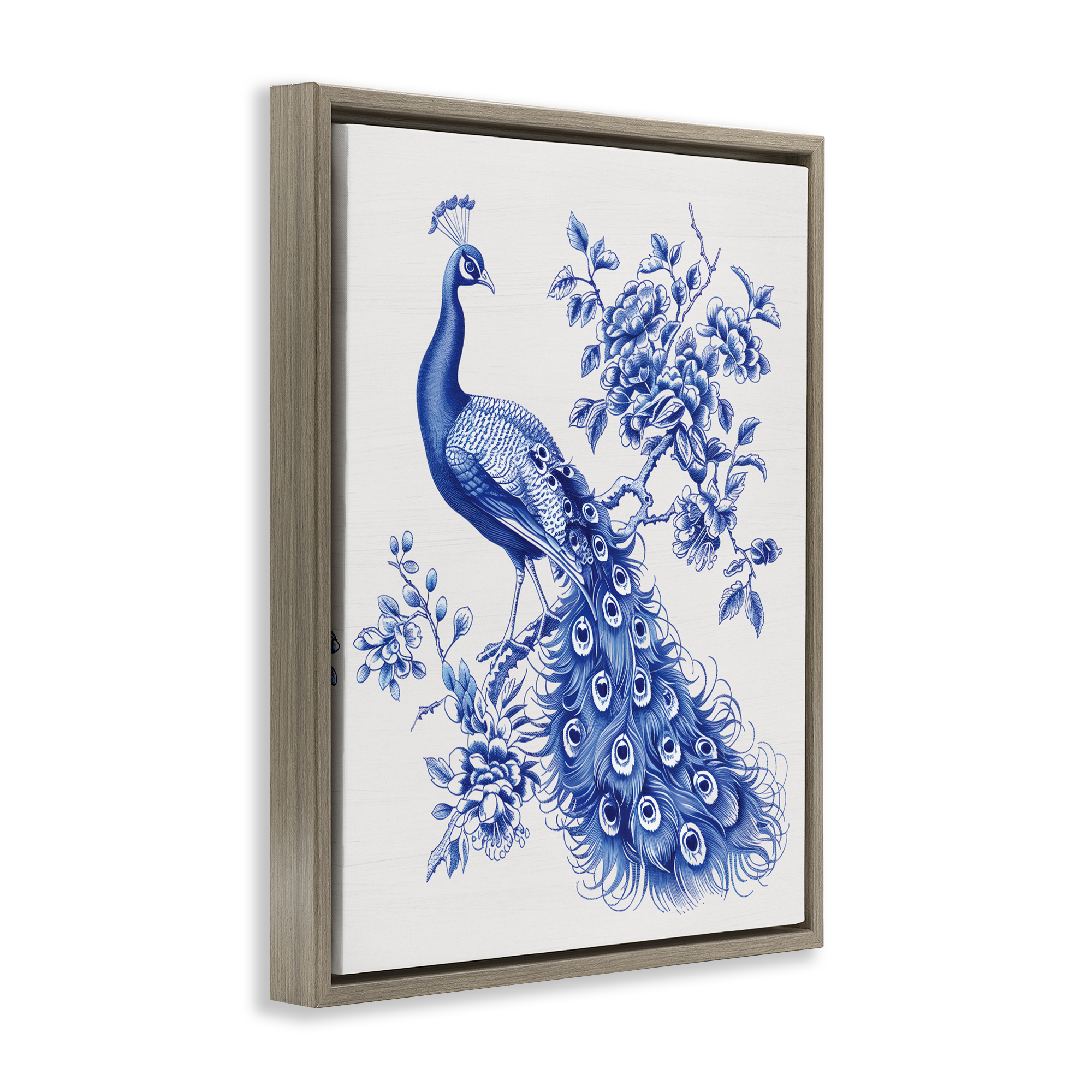 Vintage Peacock in Toile Style Brown Framed Floater Canvas Wall Art, design by Lettered and Lined