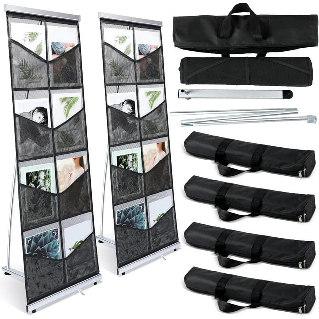 Outus 2 Pcs Brochure Stand Holder with 8 Pockets Mesh Literature Rack Floor Portable Magazine Display Stand Standing Brochure Rack for Trade Shows Table Top