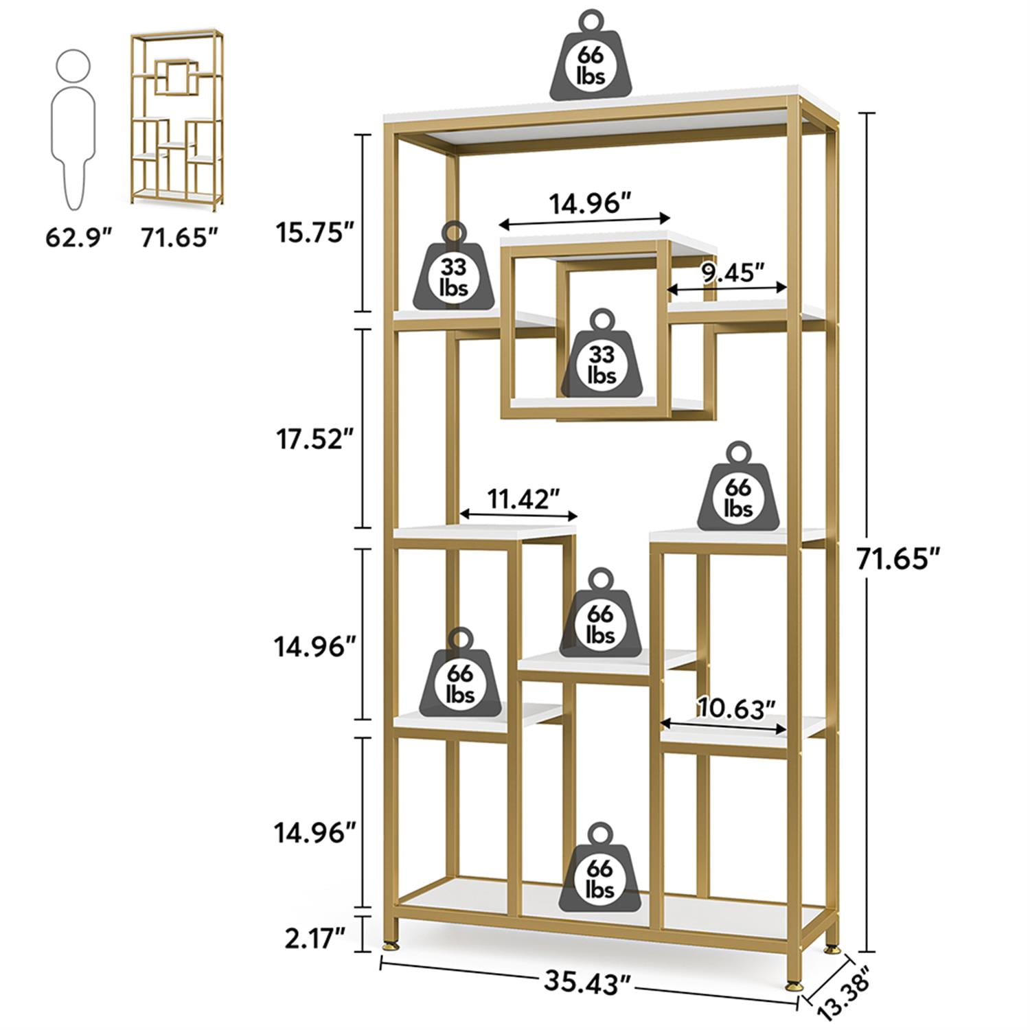 Demi Bonn 11 Tier Bookshelf, Wood and Metal Bookcase Storage Organizer, 71" Tall Display Standing Shelf Unit for Bedroom, Living Room, Gold