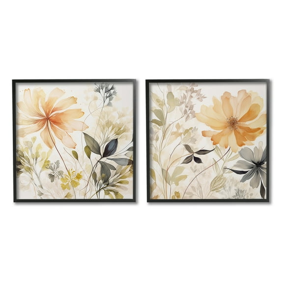 Stupell Industries Muted Cottage Flowers Botanical & Floral Painting Black Framed Art Print Wall Art, 12 x 12, Set of 2