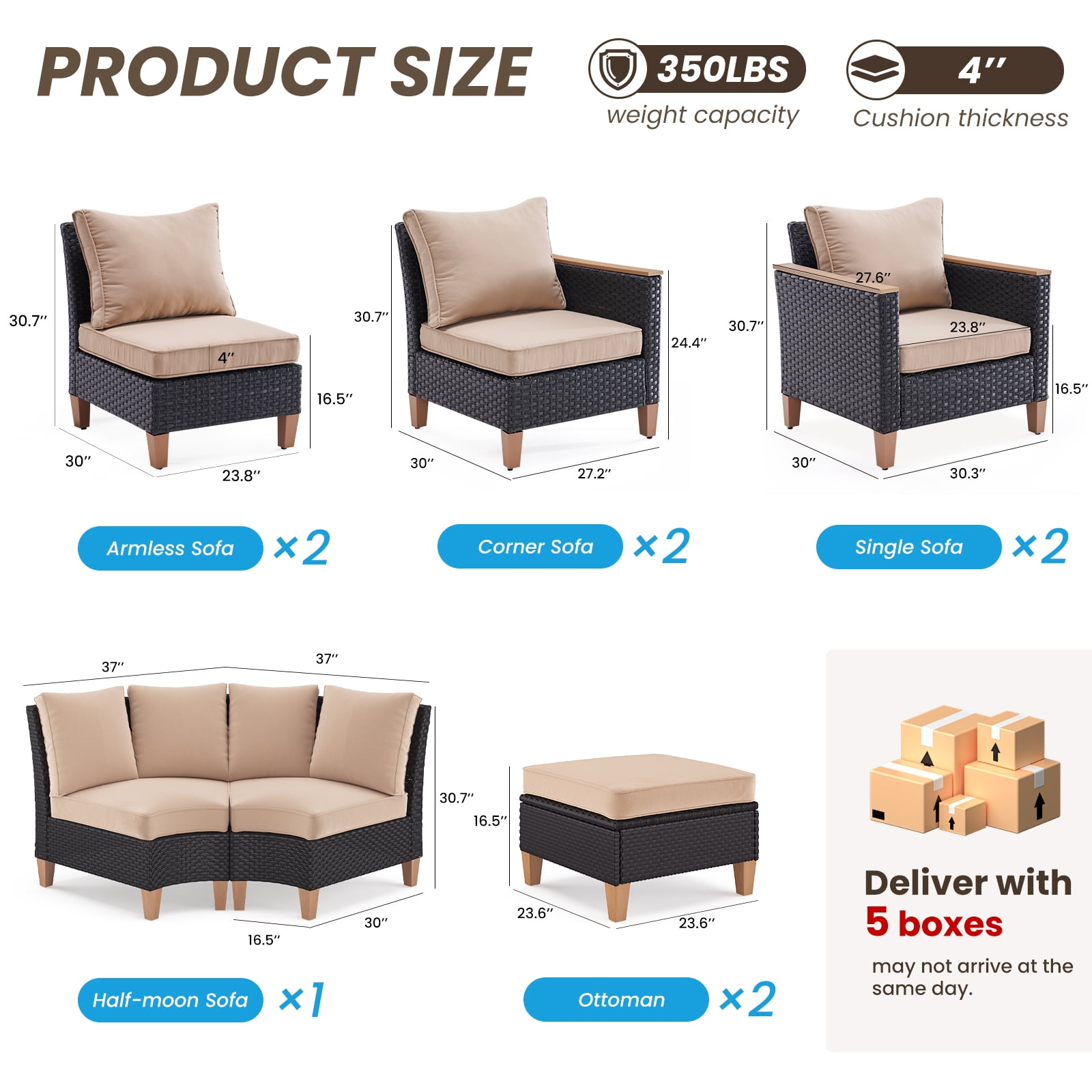MAYEERTY 10-Piece Outdoor Patio Curved Rattan Sofa Set with Ottomans and Fan-shaped Seats