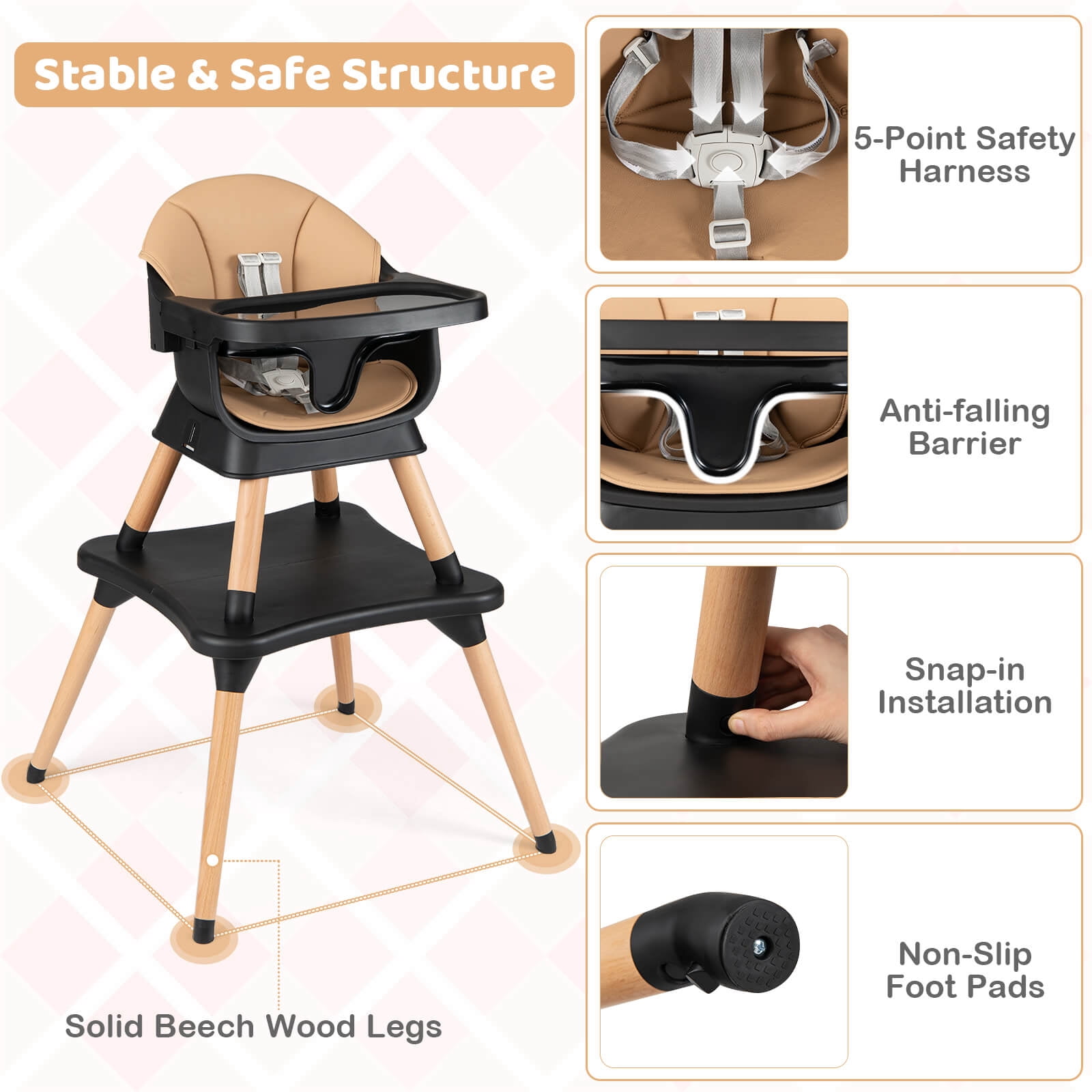 Costway 9-in-1 Kids Table & Chair Set with Solid Wood Legs, Removable Dishwasher-Safe Tray Coffee + Black