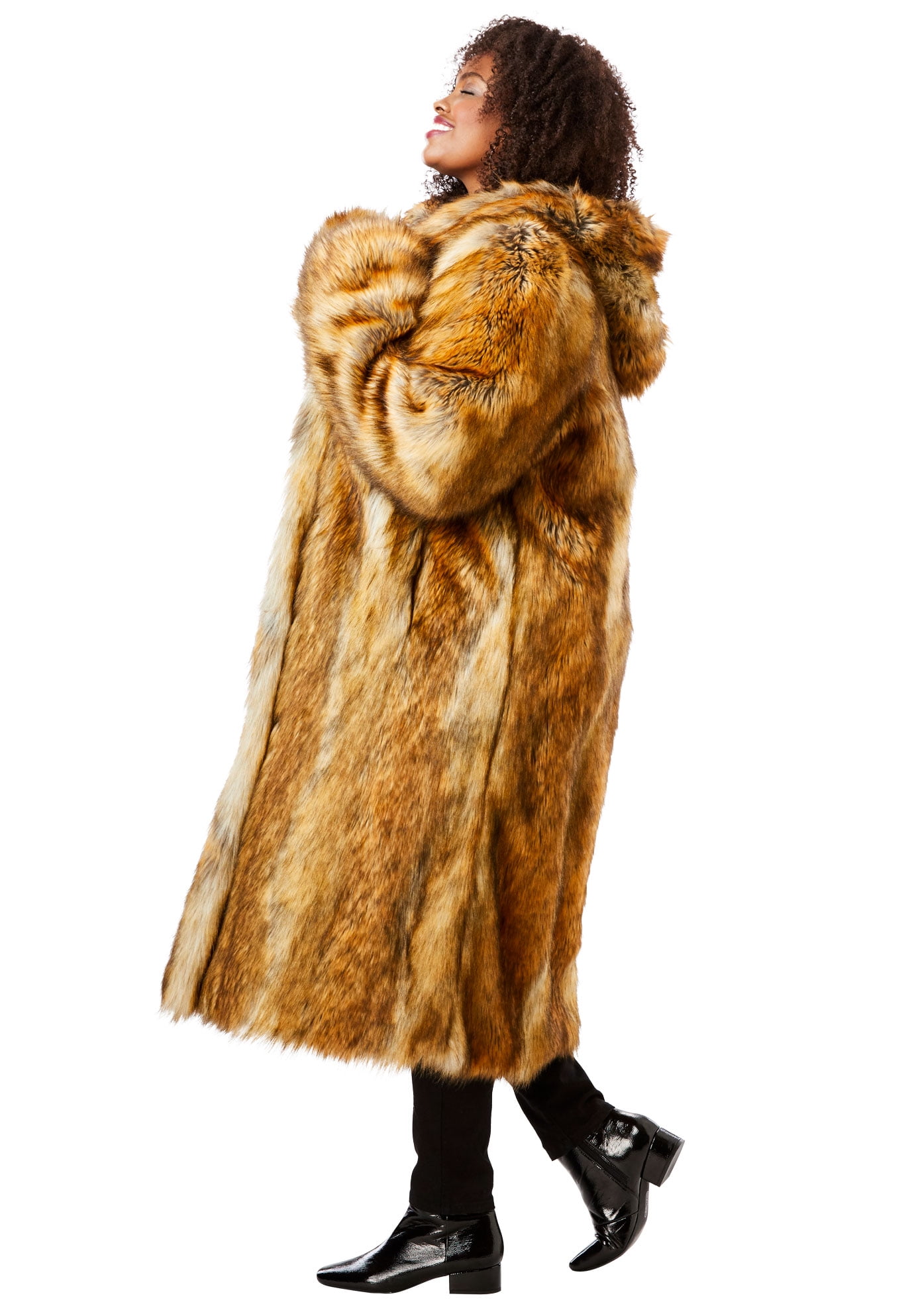 full length faux fur coat with hood