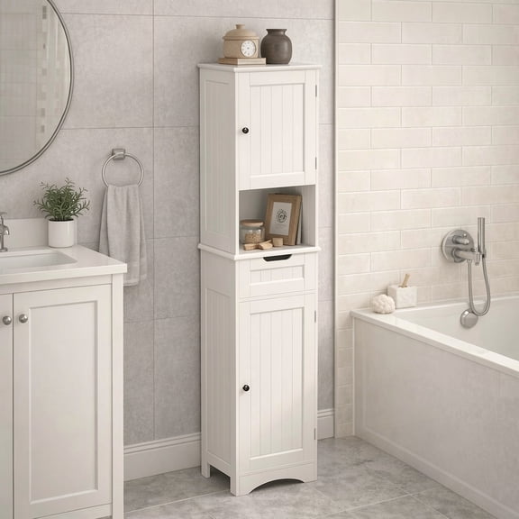 Aiho Bathroom Storage Cabinet, White Linen Cabinet, Narrow Tall Cabinet Storage Tower with Door ,Drawer and Open Storage - White