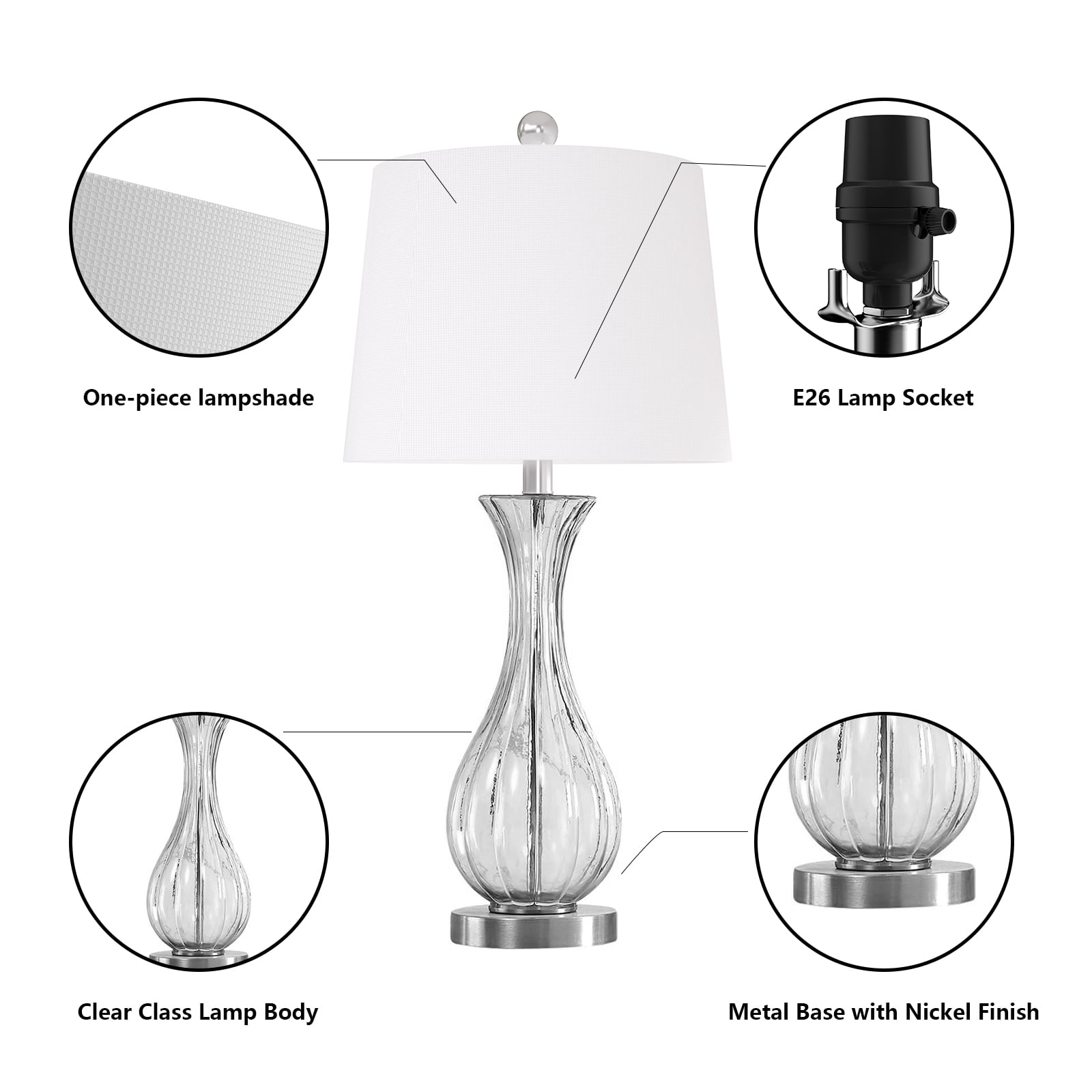 Maxax Coastal Glass Table Lamps Set of 2, Modern 25.5" Clear Glass Bedside Lamps with White Shade for Bedroom Living Room