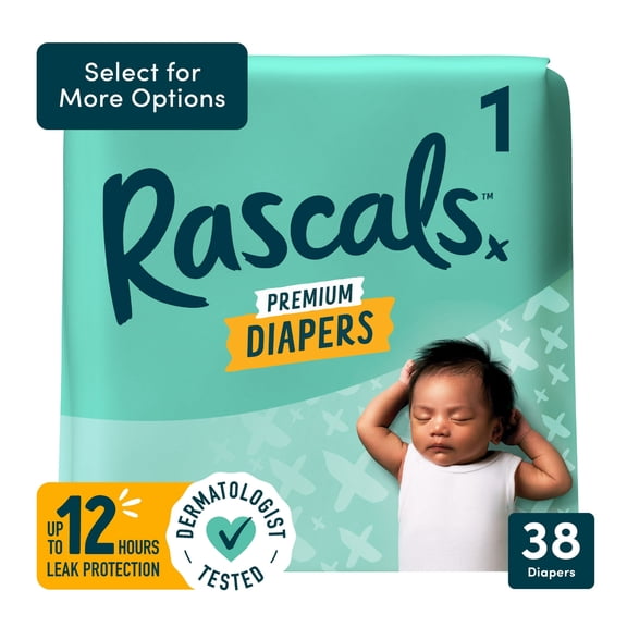 Rascals Premium Absorbent Baby Diapers Size 1, 38 Count