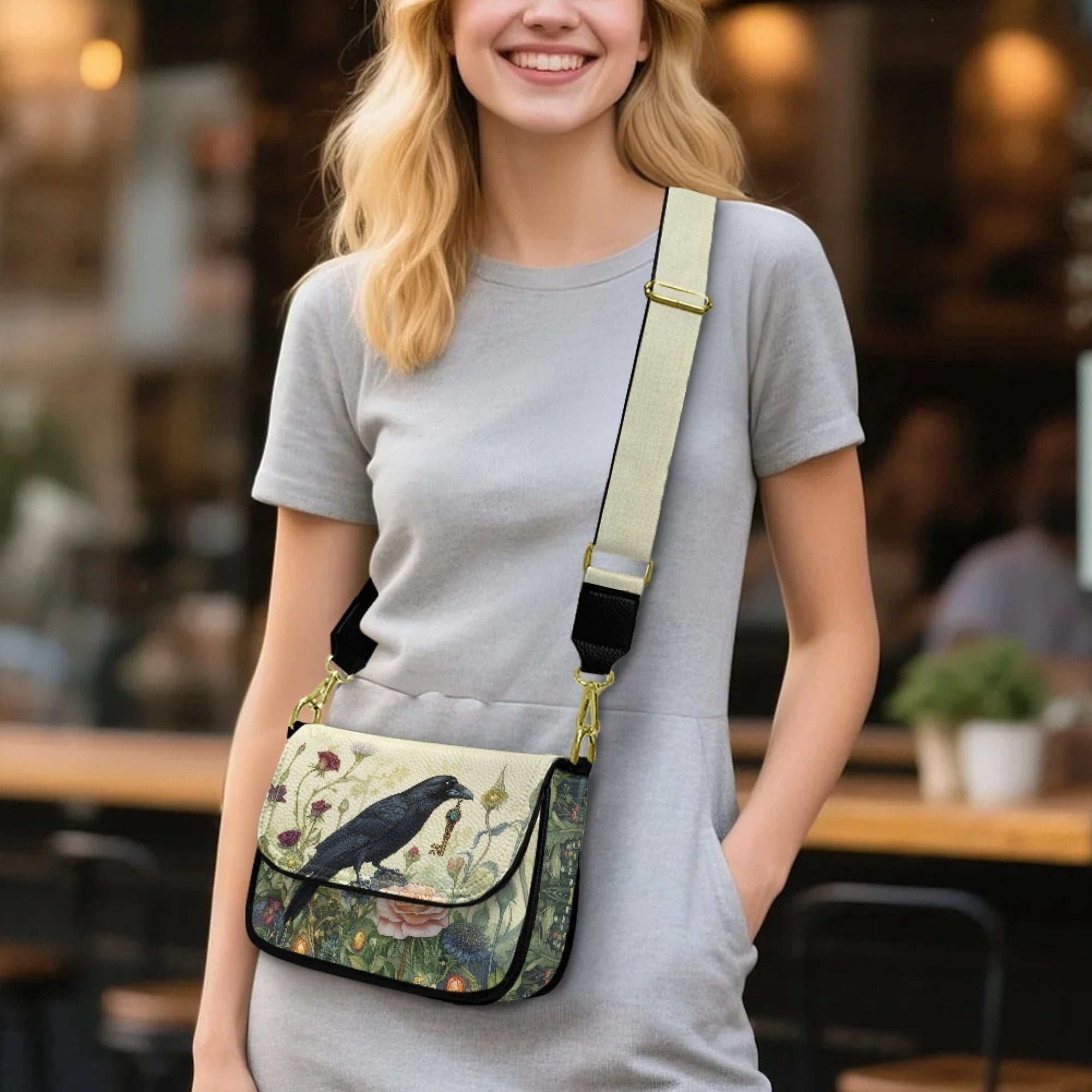 ZUXONGSY Raven Rose Floral Print Shoulder Bag for Women Lightweight Crossbody Travel Purse Waterproof Satchel with Adjustable Wide Strap for Dating Workout