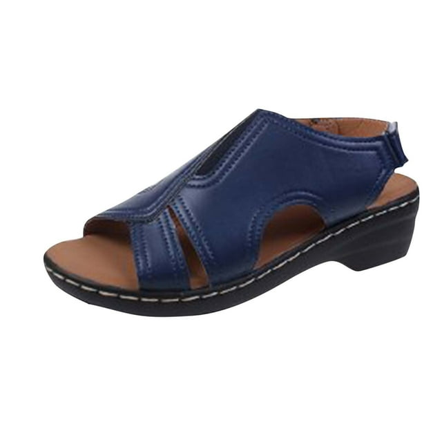 Wedge Sandals for Women Slingback Open Toe Side Cutout Soft Sole Non Slip Summer Leather Sandals Blue