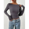 thumbnail image 2 of PRETTYGARDEN Long Sleeve Shirts for Women Fall Ruched Sides Boat Neck Basic Tee Casual Fitted Ribbed Knit Crop Tops, 2 of 6