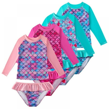 

Kids Baby Girls Swimsuit Two-piece Sun Protective Long Sleeve Swimwear for 2-10T