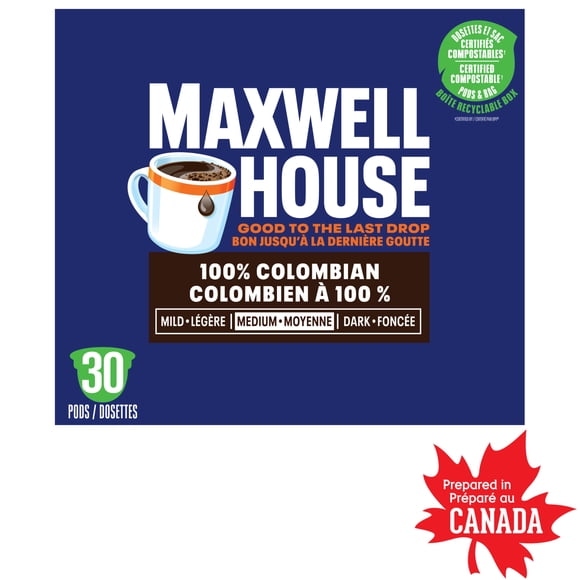 Maxwell House Colombian Coffee 100% Compostable K Cup Coffee Pods, 30 Pods, Medium, 292g, 30 pods