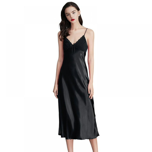 Women's Satin Nightgown Dress Lace Sleeveless Long Chemise Lingerie ...