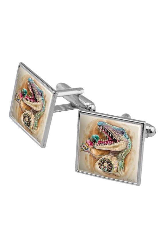 T-Rex Dinosaur Donut Ice Cream Funny Jurassic Junkie Square Cufflink Set - Silver or Gold