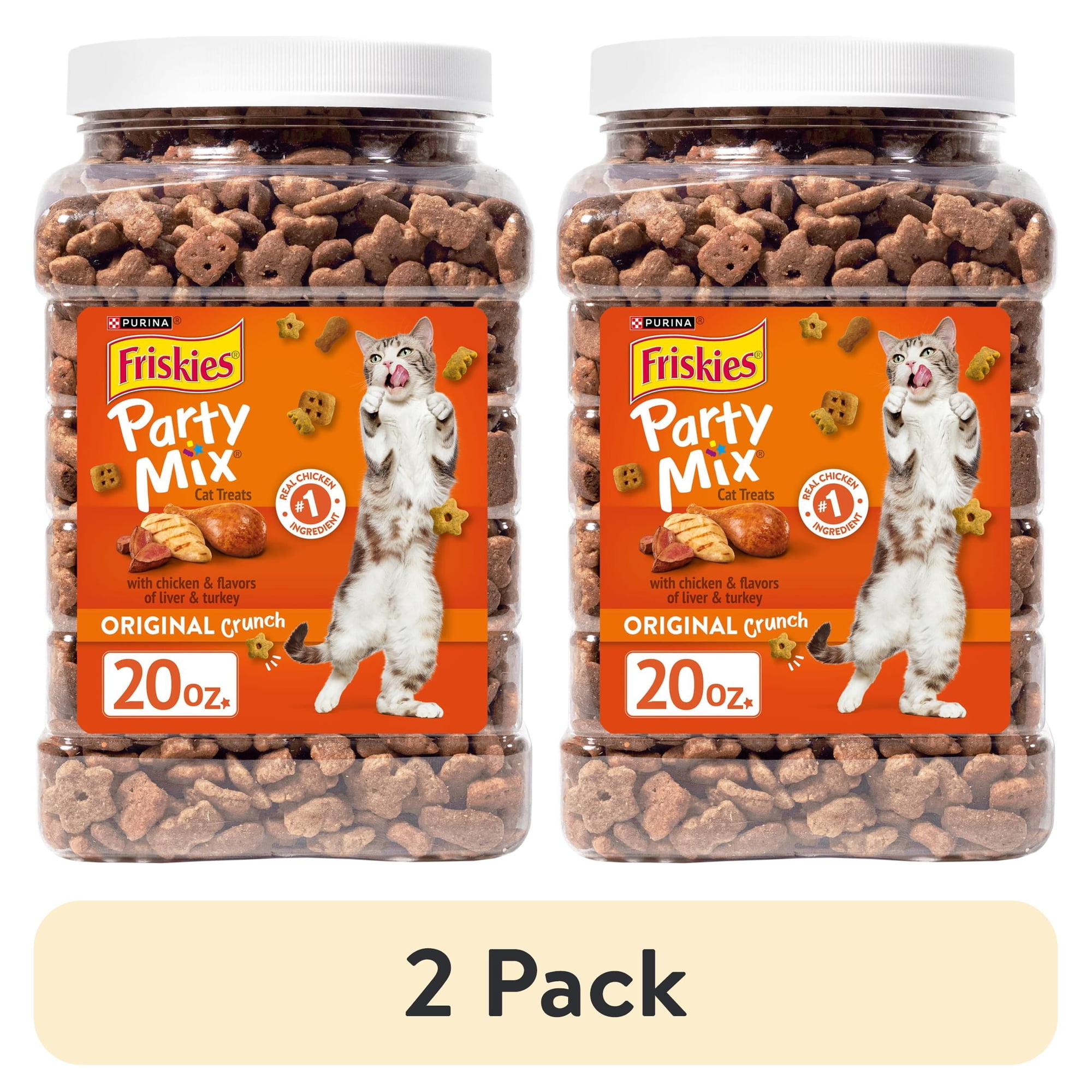 (2 pack) Purina Friskies Party Mix Original Crunch, Cat Treats, Chicken, Liver, & Turkey, 20 oz Canister, 3 Pack
