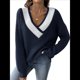 thumbnail image 3 of Suéter de Punto Ligero de Larga para Mujer, con Cuello en V y Costuras en Contraste. Azul Oculto L, 3 of 9