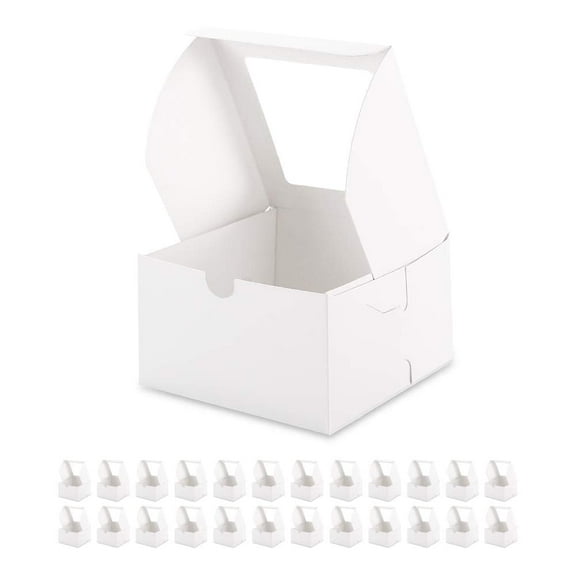 PKGSMART 25 Count White Cake Boxes with Window,  6x6x4 inches, Treat Boxes, Bakery Boxes for Dessert