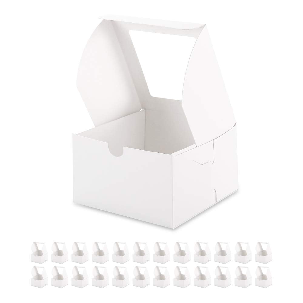 PKGSMART 25 Count White Cake Boxes with Window, 6x6x4 inches, Treat Boxes, Bakery Boxes for Dessert