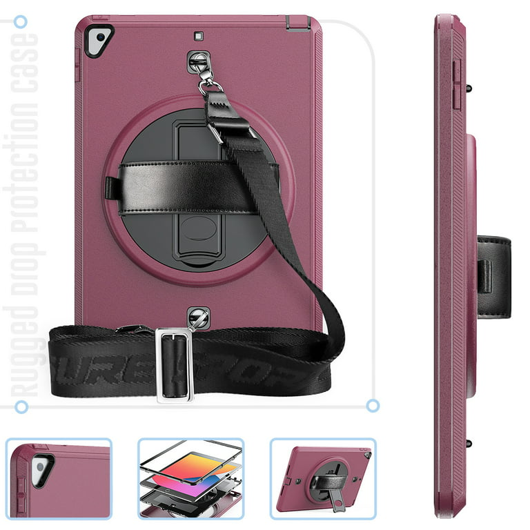 iPad 10.2 Case/iPad Air 3 Case/iPad Pro 10.5 Case with Built-in Screen  Protector, Dteck Heavy Rugged Shockproof Case 360 Degree Rotating Stand  Cover with Adjustable Hand Strap/Shoulder Strap,Deep Red 