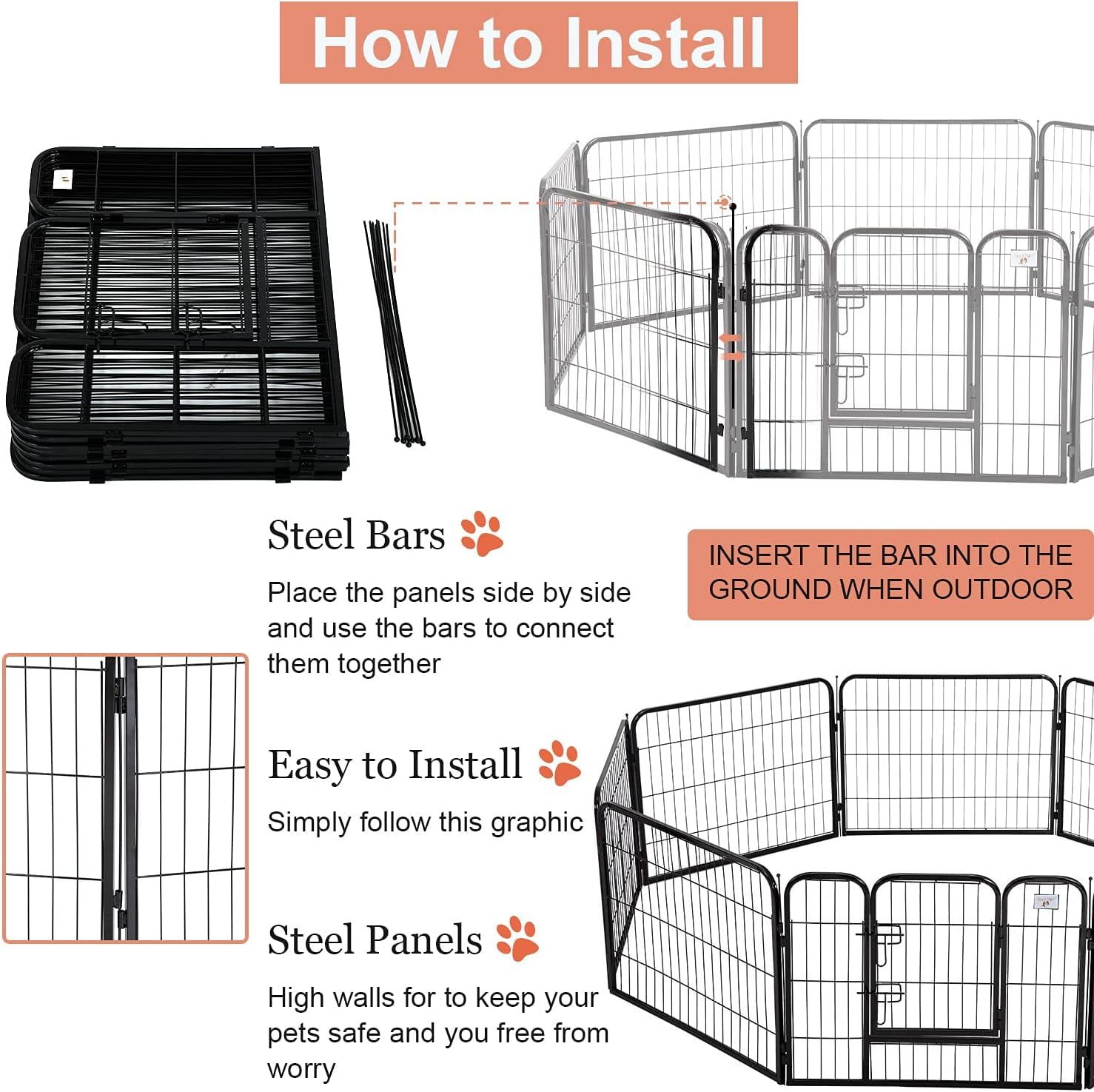 XF XINFENG Dog Fence Pet Gate Dog Kennel 40" Dog Playpen Puppy Playpen 8 Panels with Door Heavy Duty Portable Metal Dog Pen Exercise Pen Dog Gate for Pet Animals Indoor Outdoor