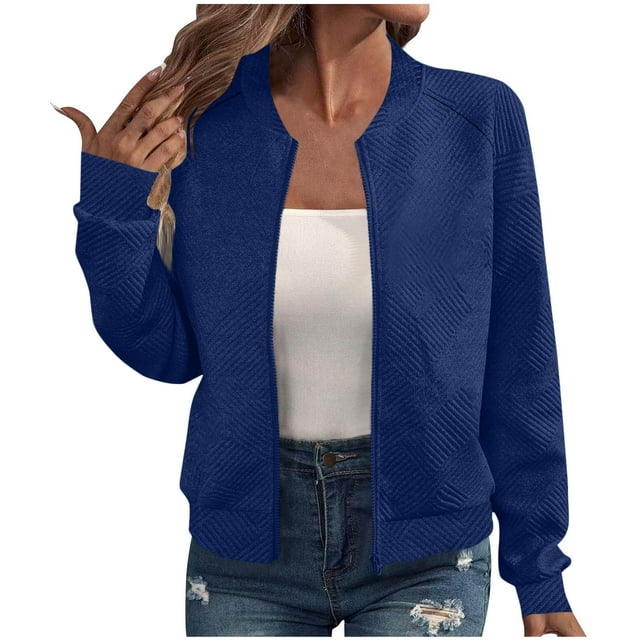 aohooy Blouson Bomber à Col Montant pour Femmes à Manches Longues à Fermeture Éclair Veste Légère Décontractée Mode Texturée Vestes d'Automne 2025 Bleu,m