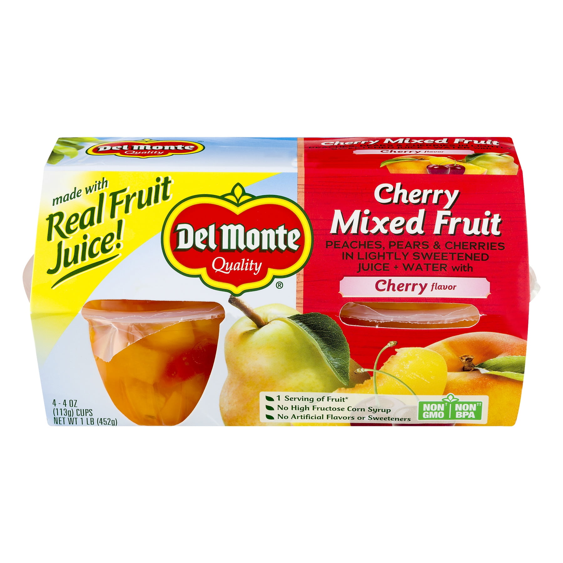 (4 cups) Del Monte Fruit Cup Snacks Cherry Mixed Fruit in 100% Juice 4