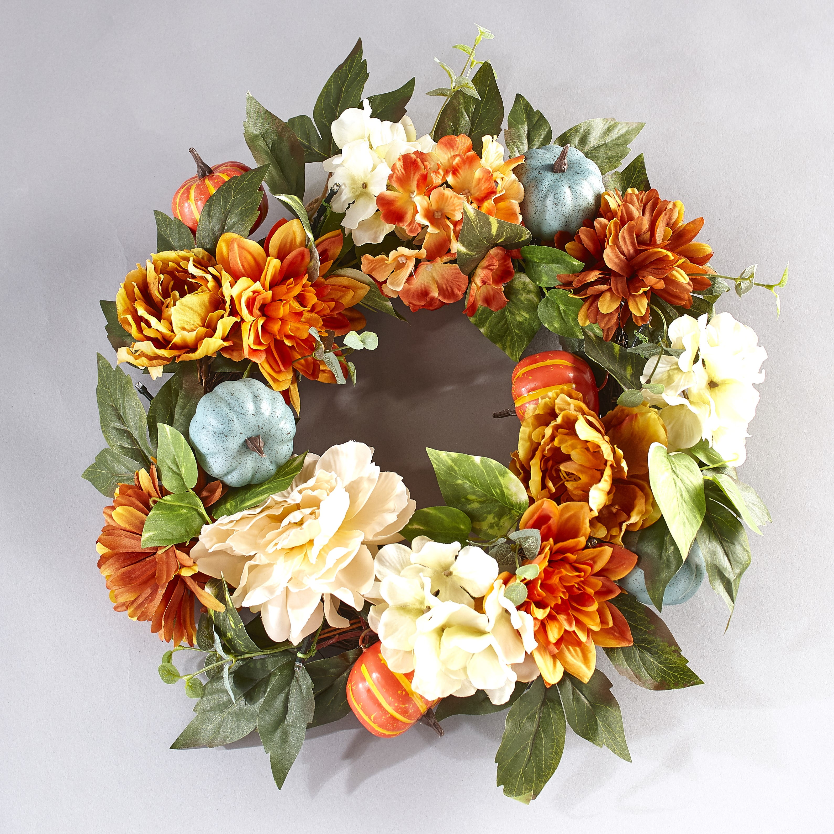 Lighted Autumn Wreath with Pumpkins and Fall Flowers in Orange and