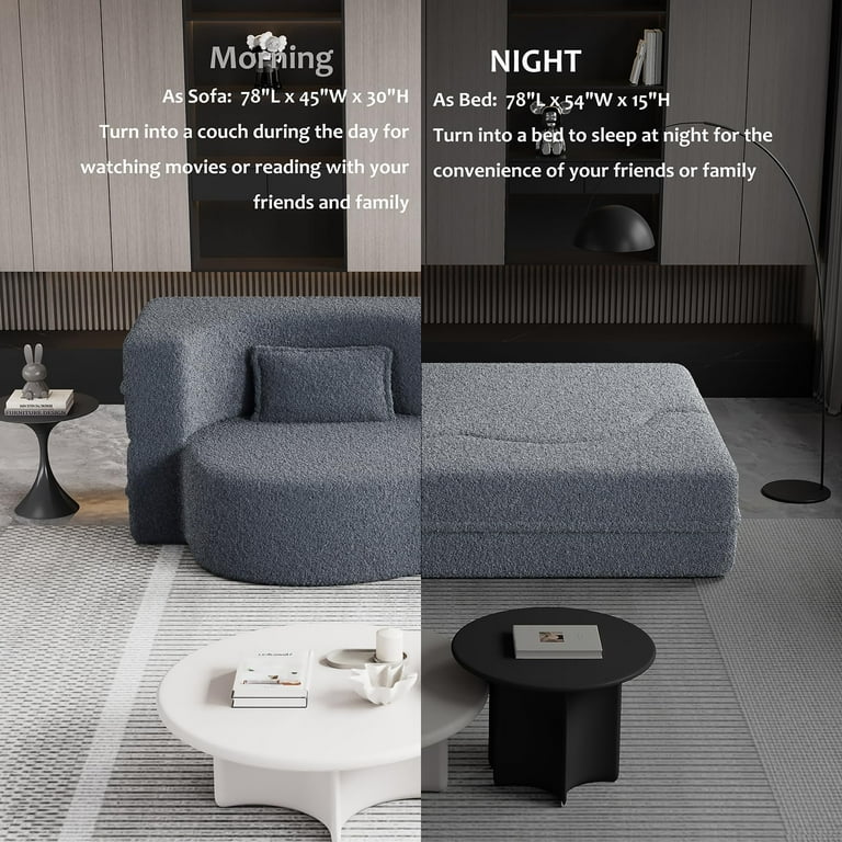 15"Folding Sofa Bed,Convertible Sleeper Sofa With 2 Pillows,Teddy Fabric Foam-Filled Full Size Small Couches For Bedroom,Living Room,Apartment,Gray