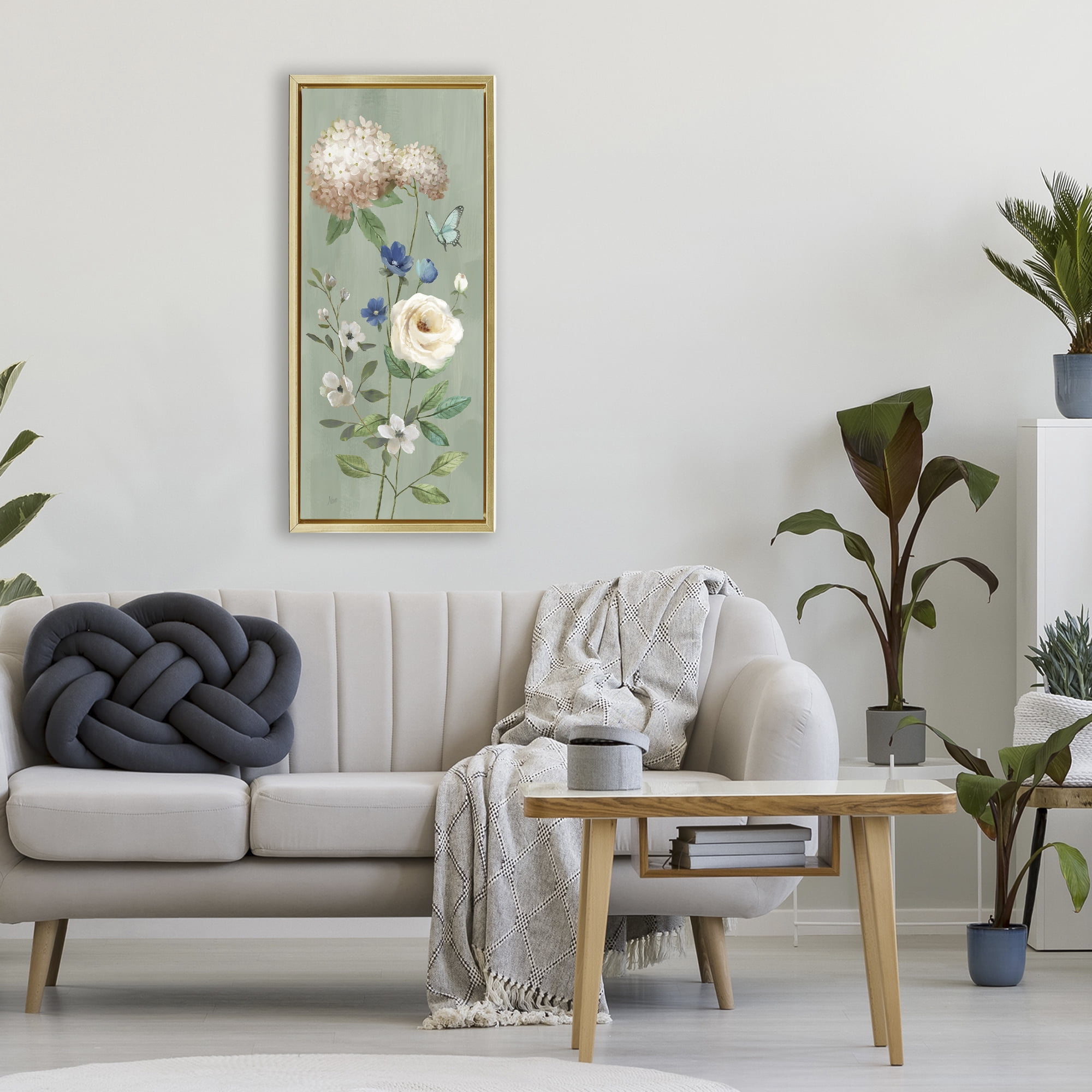 Stupell Industries Hydrangea & Rose with Butterfly Gold Framed Floater Canvas Wall Art, design by Nan