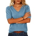 thumbnail image 5 of WULMLEO Womens Short Sleeve Sweater Summer V Neck Tops Casual Knit Shirts Lightweight Pullover Top Blue S, 5 of 5