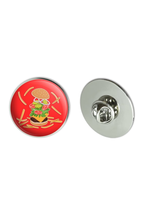 Burger and Fries with Lettuce Cheese Tomatoes and Pickles Metal 1.1" Tie Tack Hat Lapel Pin Pinback
