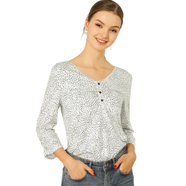 Allegra K Blusa Top Fruncido Cuello V Impreso Mangas 3/4 Para Mujer Blanco L