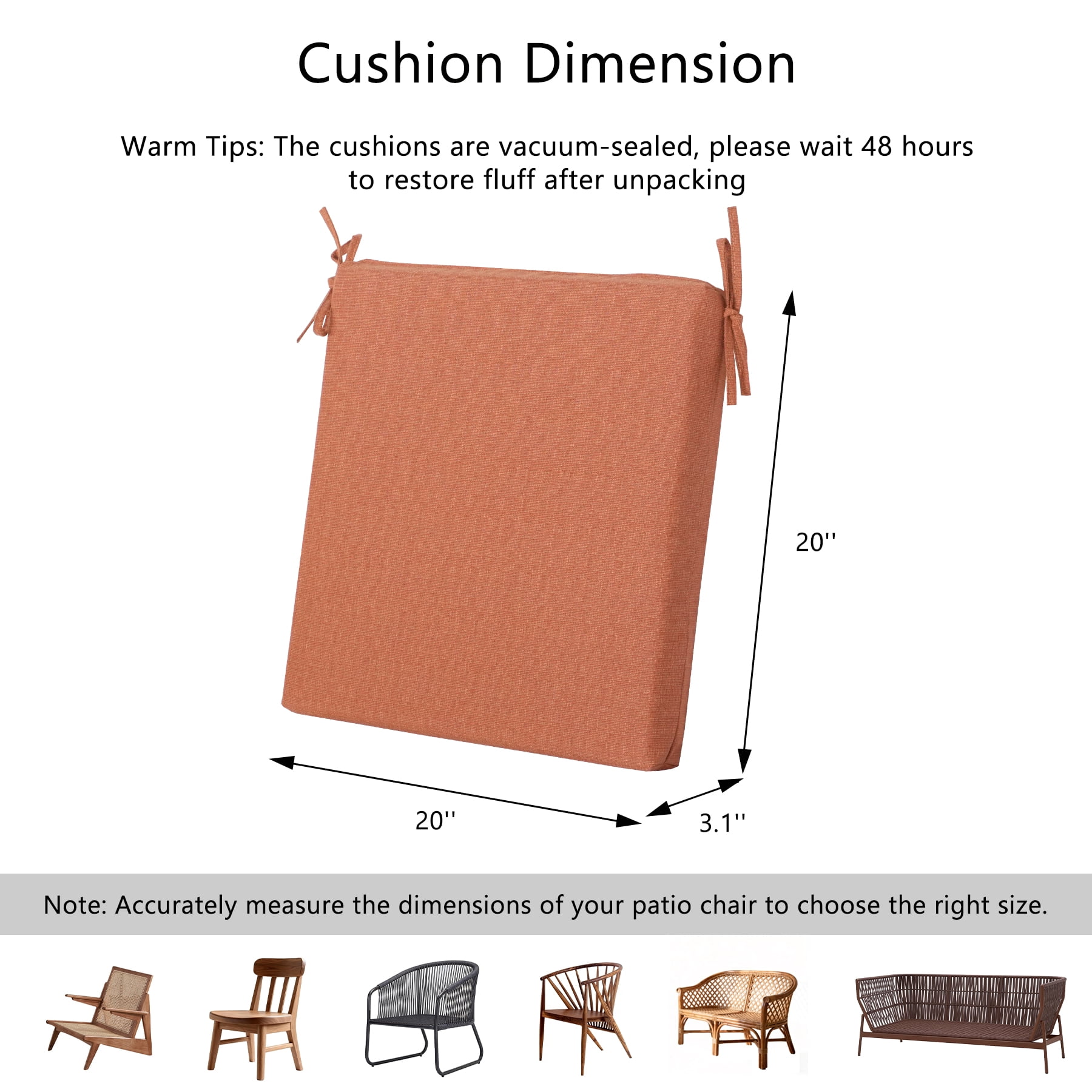 Goodgoods 20" x 20" Outdoor Chair Cushions Set of 2, 30D Foam Water & Fade Resistant, Orange