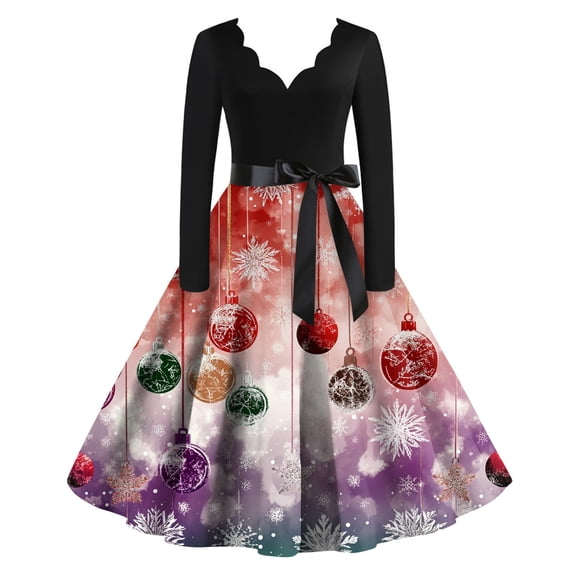 Women's Christmas Printed V-Neck Large Hem Audrey Dress Long Sleeve Dress with Christmas Tree Pattern, Flare Skirt, Retro Style for Party, Casual, Holiday Events,Light pink,L