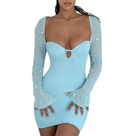 Sedceaty Women Long Sleeve Bodycon Dress Casual Pearls Decor Bandage Backless Party Dress for Beach Club Streetwear