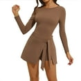 thumbnail image 2 of qolati Womens Tennis Dress Boat Neck Long Sleeve Wrap Skirt Built in Shorts Golf Athletic Dress Workout Rompers Mini Dresses Summer Khaki S, 2 of 9