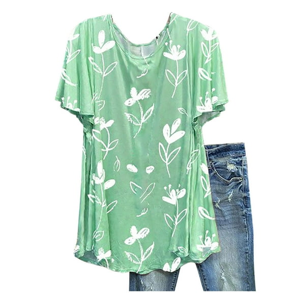 Brilliant Clearance under $5 Womens Tops Women Ladies Casual Print Short Sleeve Pullover O-Neck Tops Shirts Blouse