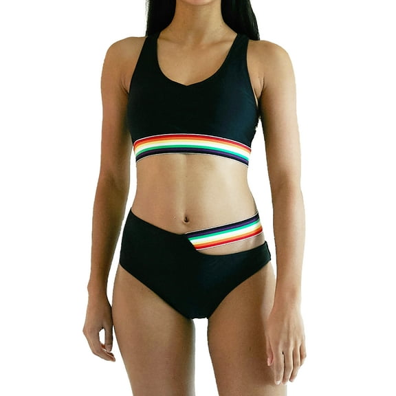 Women's Scoop Neck Tropical Criss Cross High Waist Bikini Swimsuit, Black
