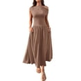 thumbnail image 3 of Women's One Shoulder Maxi Dress Sleeveless Pleated Formal Summer Dress with Pockets Coffee color S, 3 of 8