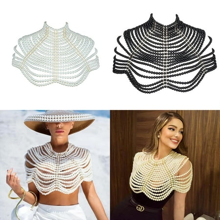 LUOPLNG Elegant Pearl-embellished Womens Bra Chain: Fashion-forward Ladies Adjustable Size Body Chains Wedding Dress Shoulder and Necklaces Jewelry Sexy Tops Accessories with Shawl Em