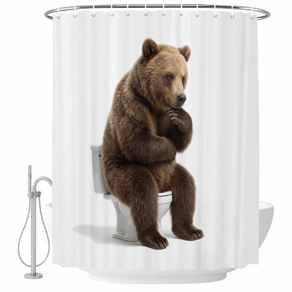 Bear Sitting on The Toilet Thinking Bathroom Shower Curtains with Hooks, Abstract Funny Animal Waterproof Fabric Washable Shower Curtain for Home Hotel Bathtub Decor 36x72 Inch