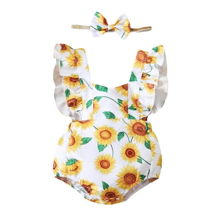 

Kucnuzki Infant Baby Girl Clothes 12 Months Summer Bodysuit 18 Months Fly Sleeve Sweet Sunflower Prints Tassel Layer Cozy Romper Bodysuit Headband 2PCS Set White